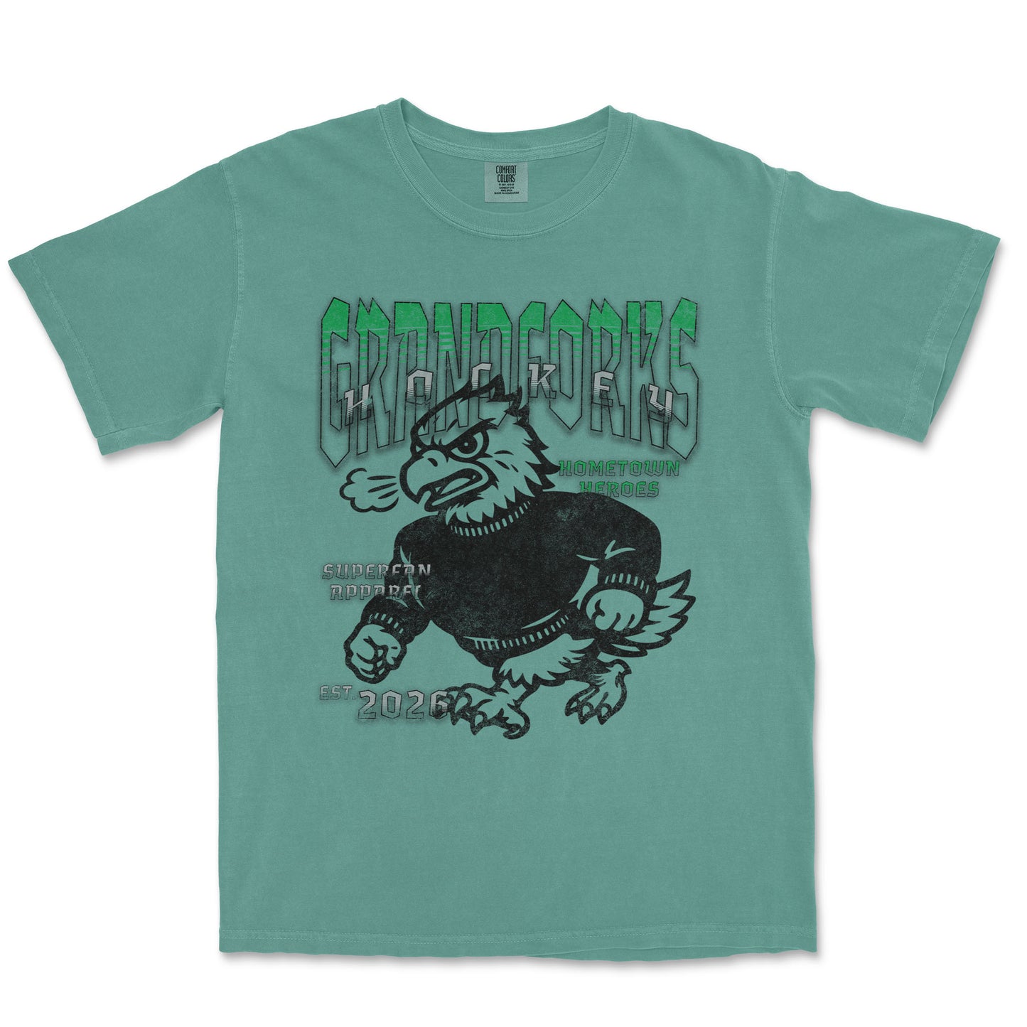 Teal t-shirt with graphic design and text on a white background