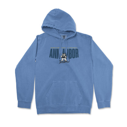 Blue hoodie with text and graphic on a white background