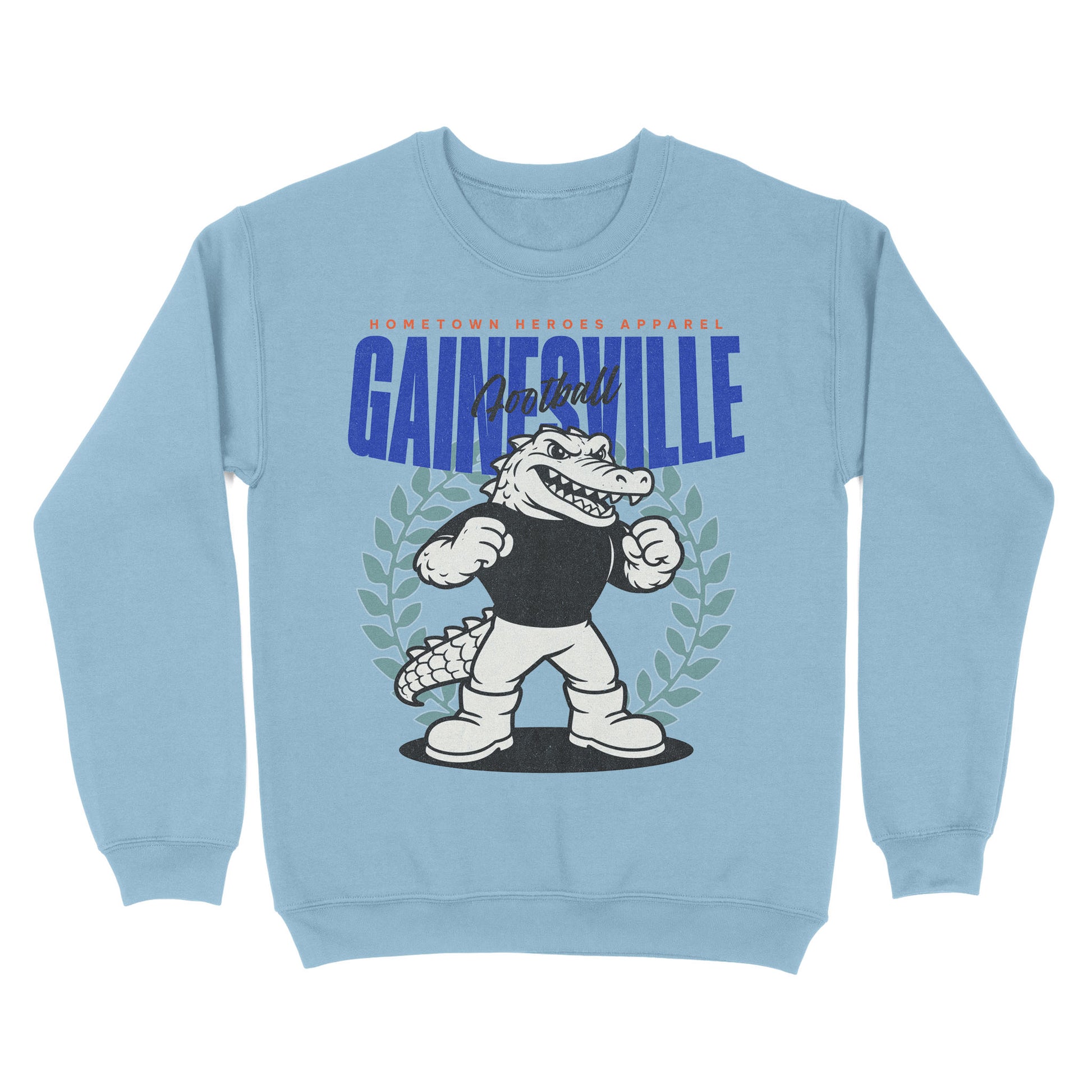 Light blue sweatshirt with cartoon alligator and 'Gainesville' text on a white background