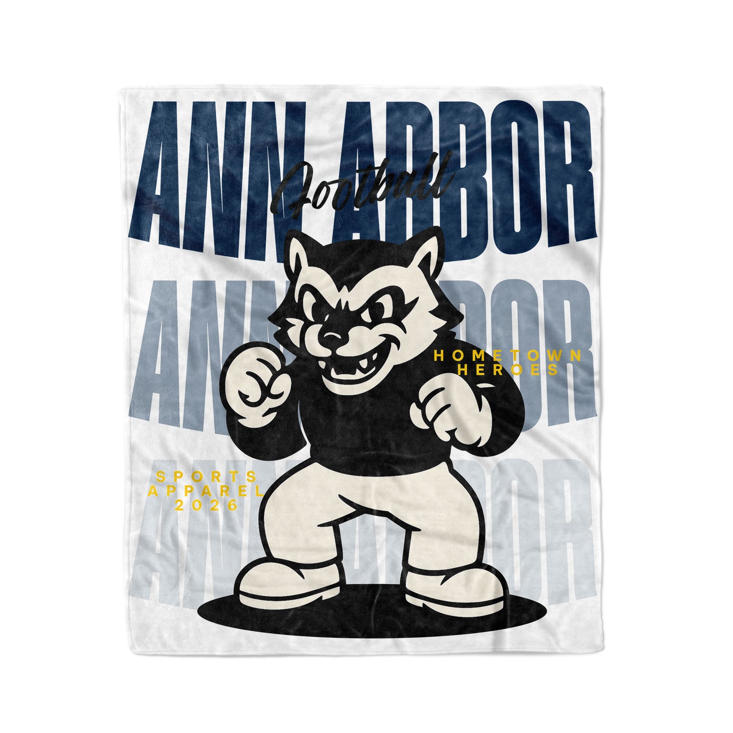 Fleece blanket with a cartoon wolf mascot and 'Ann Arbor' text on a white background