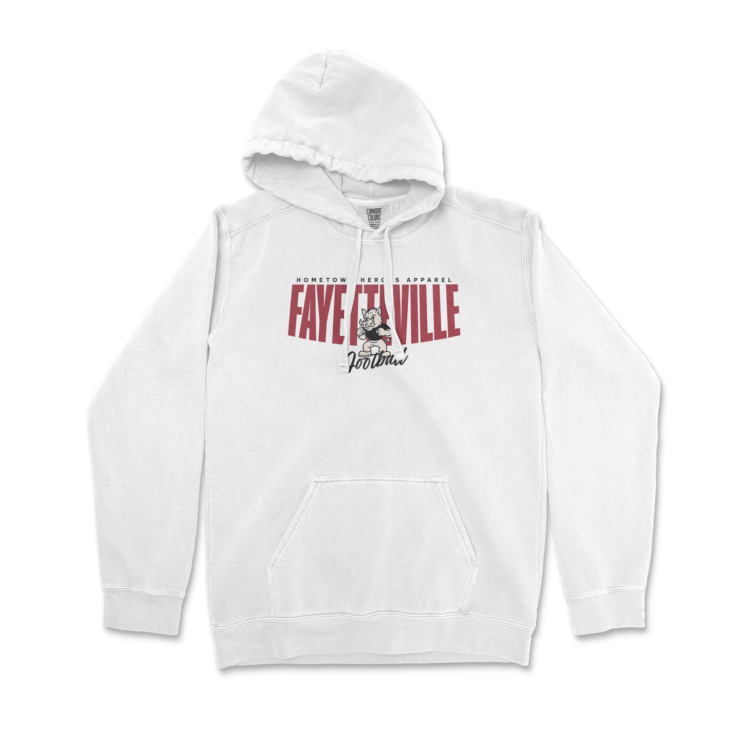 White hoodie with red and black text on a white background
