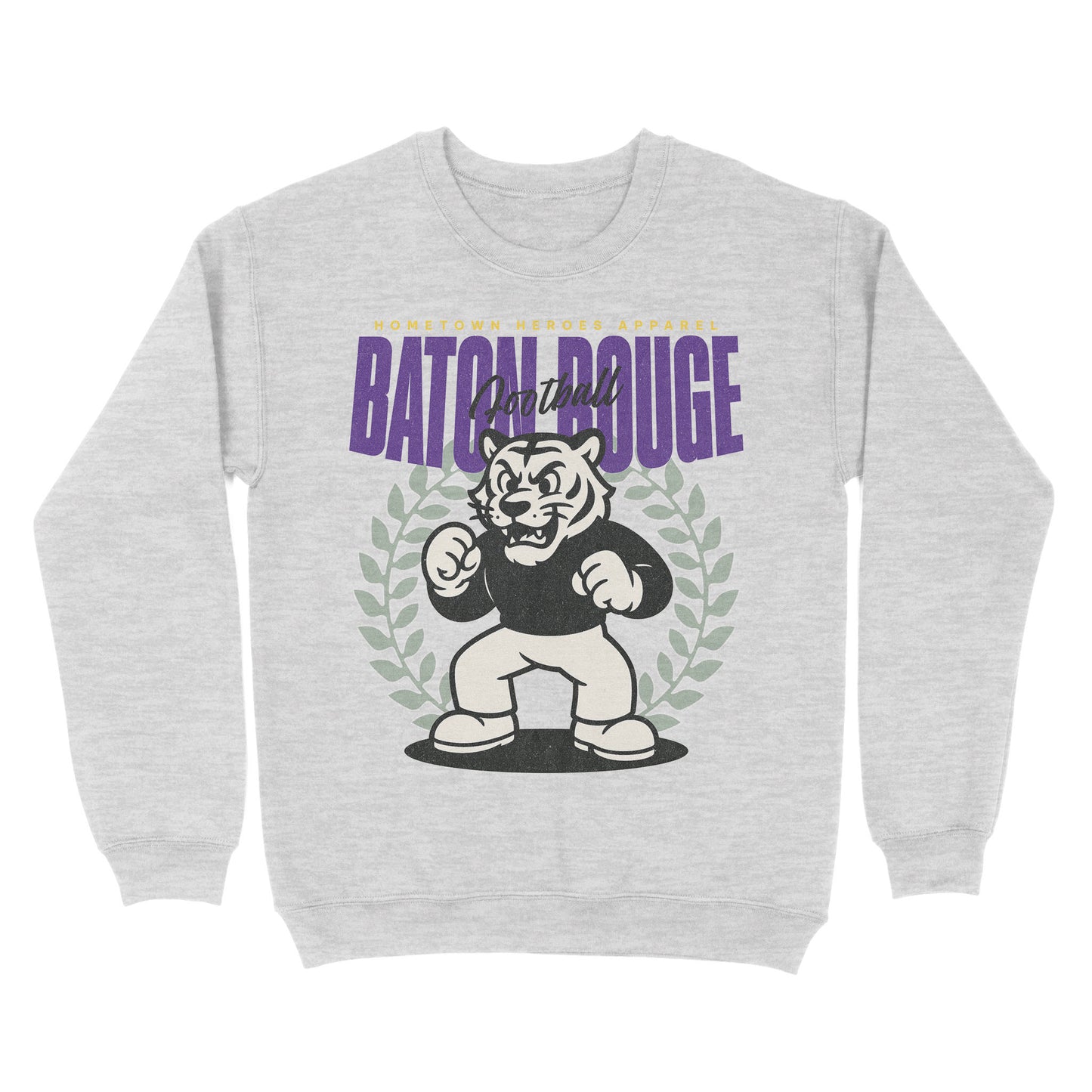 Gray sweatshirt with a cartoon tiger and 'Batch Rouge' text on a white background