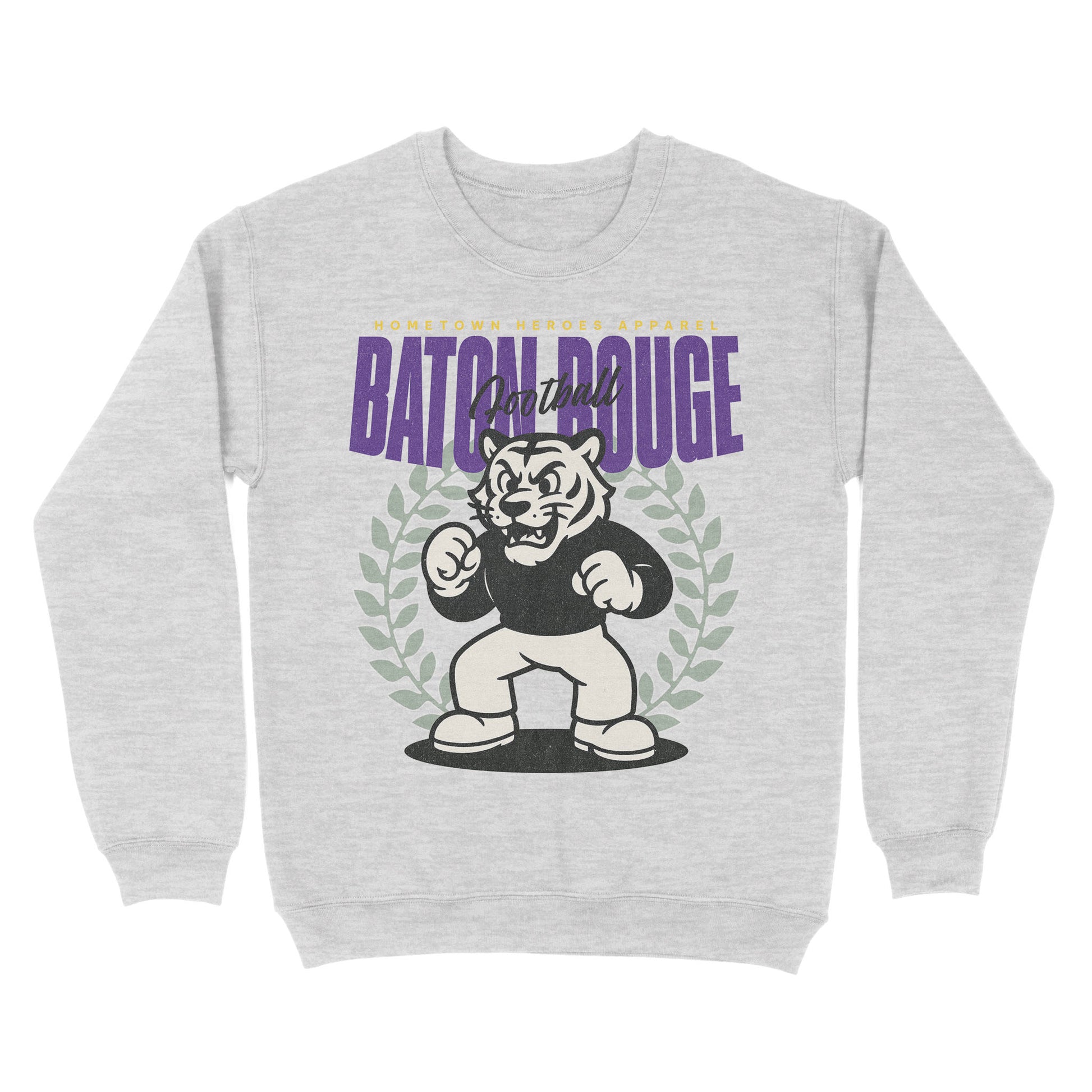 Gray sweatshirt with a cartoon tiger and 'Batch Rouge' text on a white background