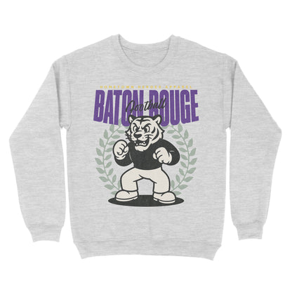 Gray sweatshirt with a cartoon tiger and 'Batch Rouge' text on a white background