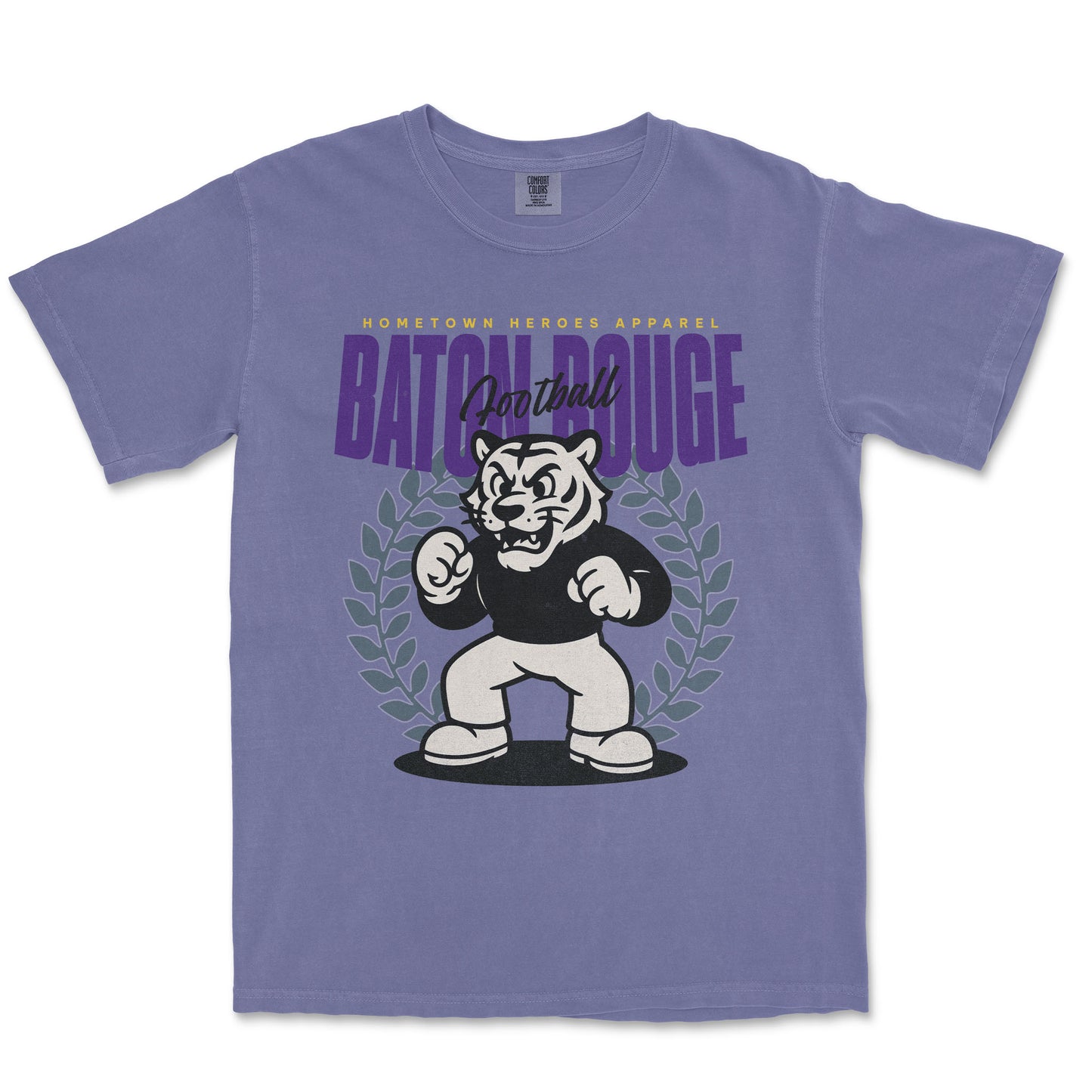 Purple t-shirt with a graphic of a tiger and text on a white background
