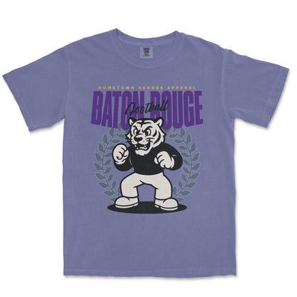 Purple t-shirt with a graphic of a tiger and text on a white background