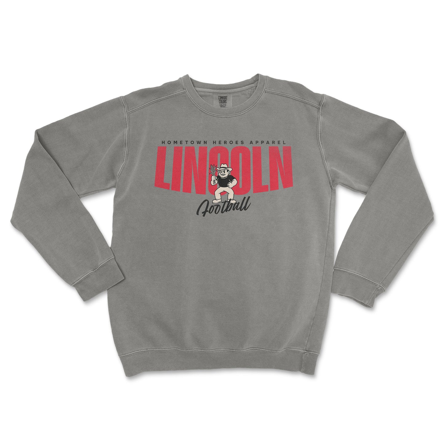 Gray sweatshirt with 'LINCOLN Football' text and graphic on a white background