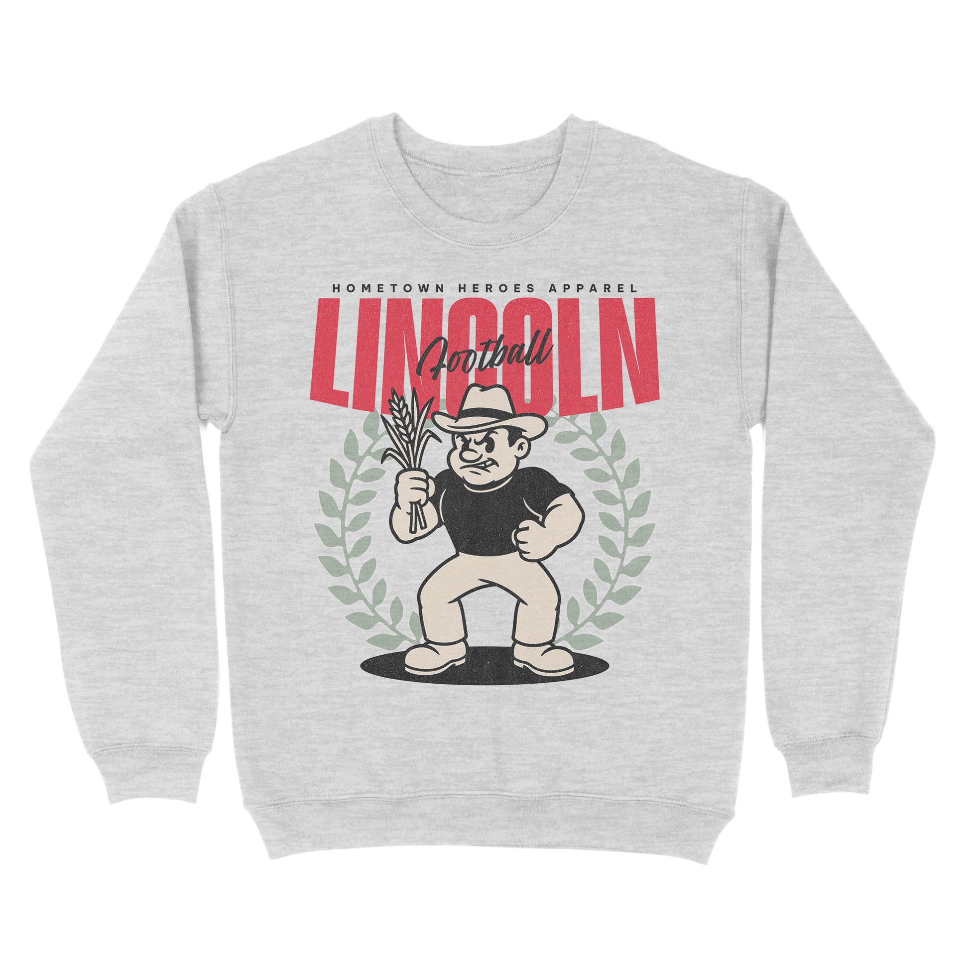 Gray sweatshirt with a graphic design featuring a character holding corn and text on a white background