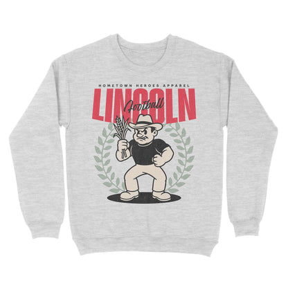 Gray sweatshirt with a graphic design featuring a character holding corn and text on a white background