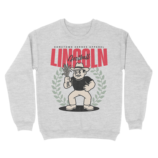 Gray sweatshirt with a graphic design featuring a character holding corn and text on a white background