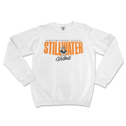 White sweatshirt with 'Stillwater' text and logo on a white background