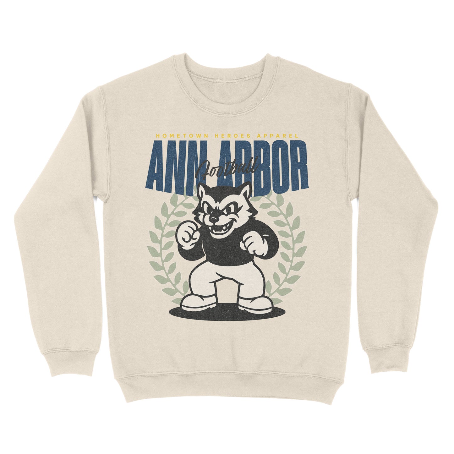 Beige sweatshirt with a graphic of a bear mascot and 'Ann Arbor' text on a white background