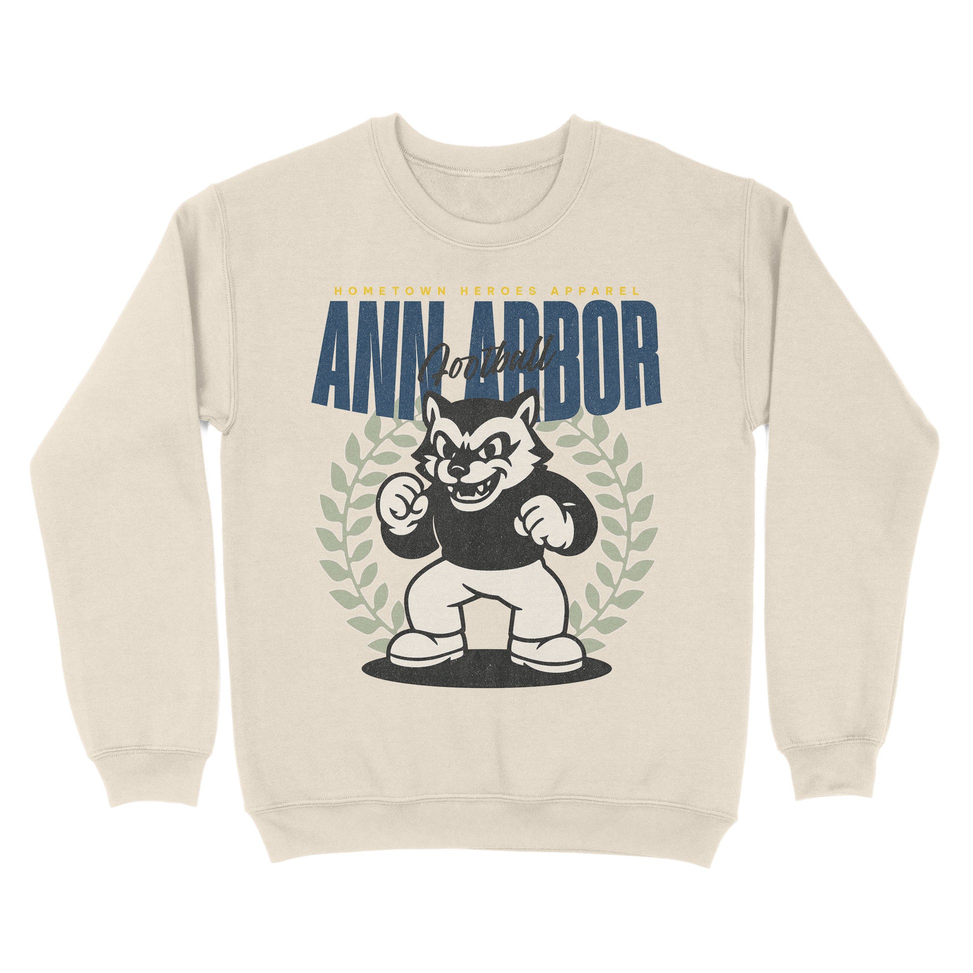 Beige sweatshirt with a graphic of a bear mascot and 'Ann Arbor' text on a white background