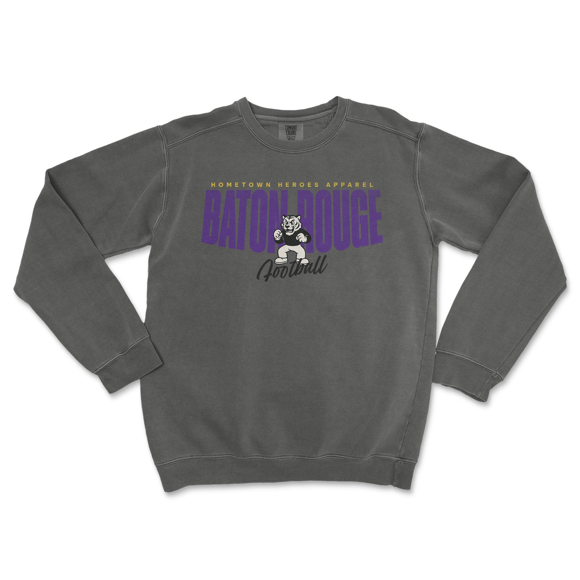 Gray sweatshirt with purple and black text and graphics on a white background