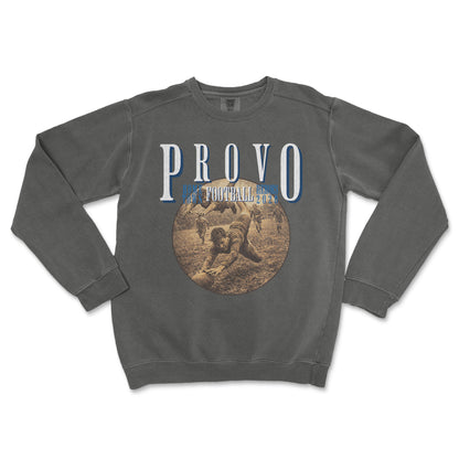 Gray sweatshirt with 'Provo Football' print on a white background