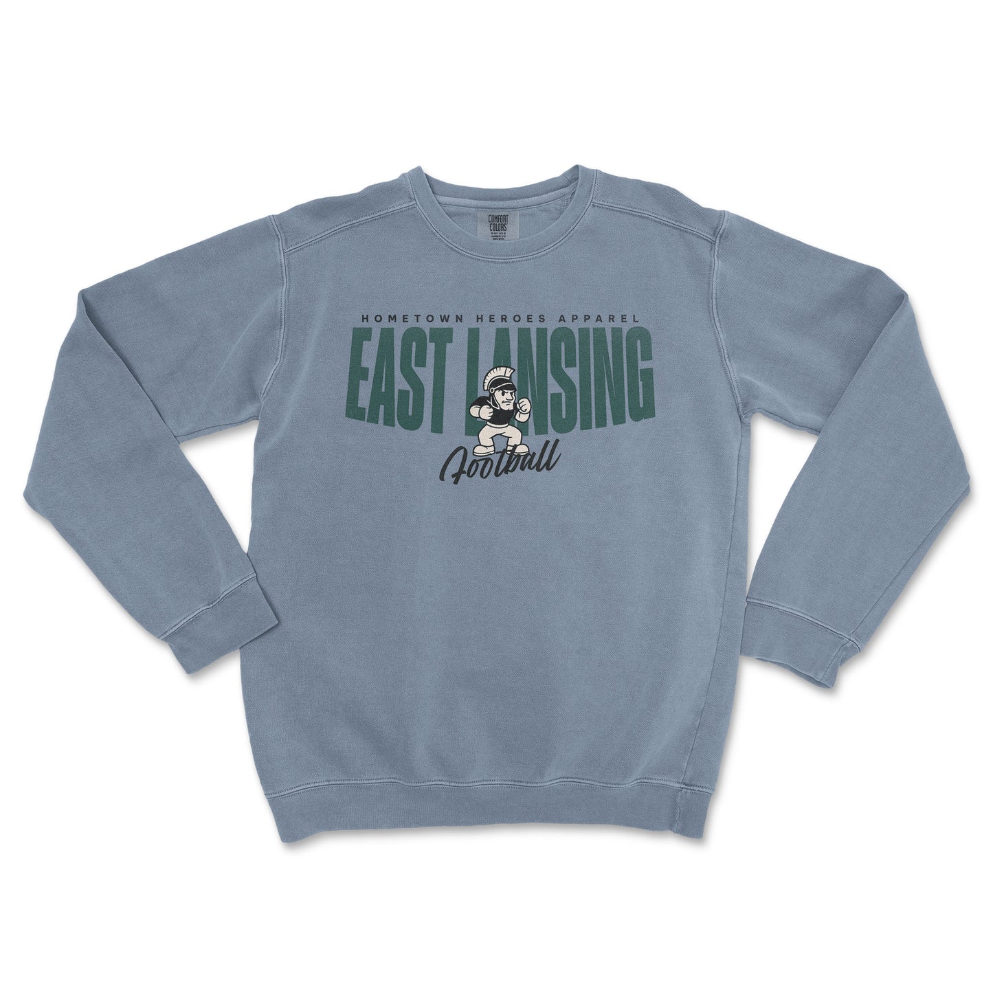 Blue sweatshirt with 'East Lansing Football' text and graphic on a white background