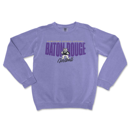 Purple sweatshirt with 'Baton Rouge Football' text and logo on a white background