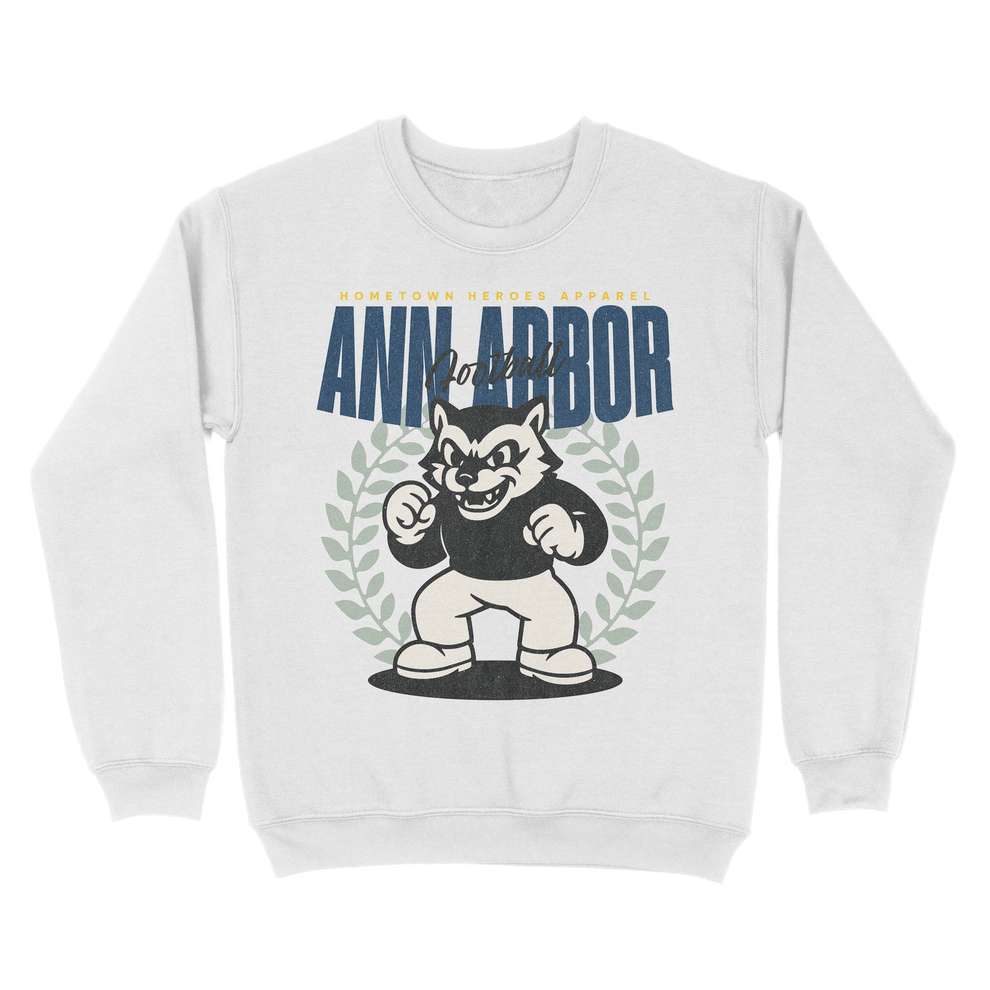 White sweatshirt with 'Ann Arbor United' text and cartoon character on a white background