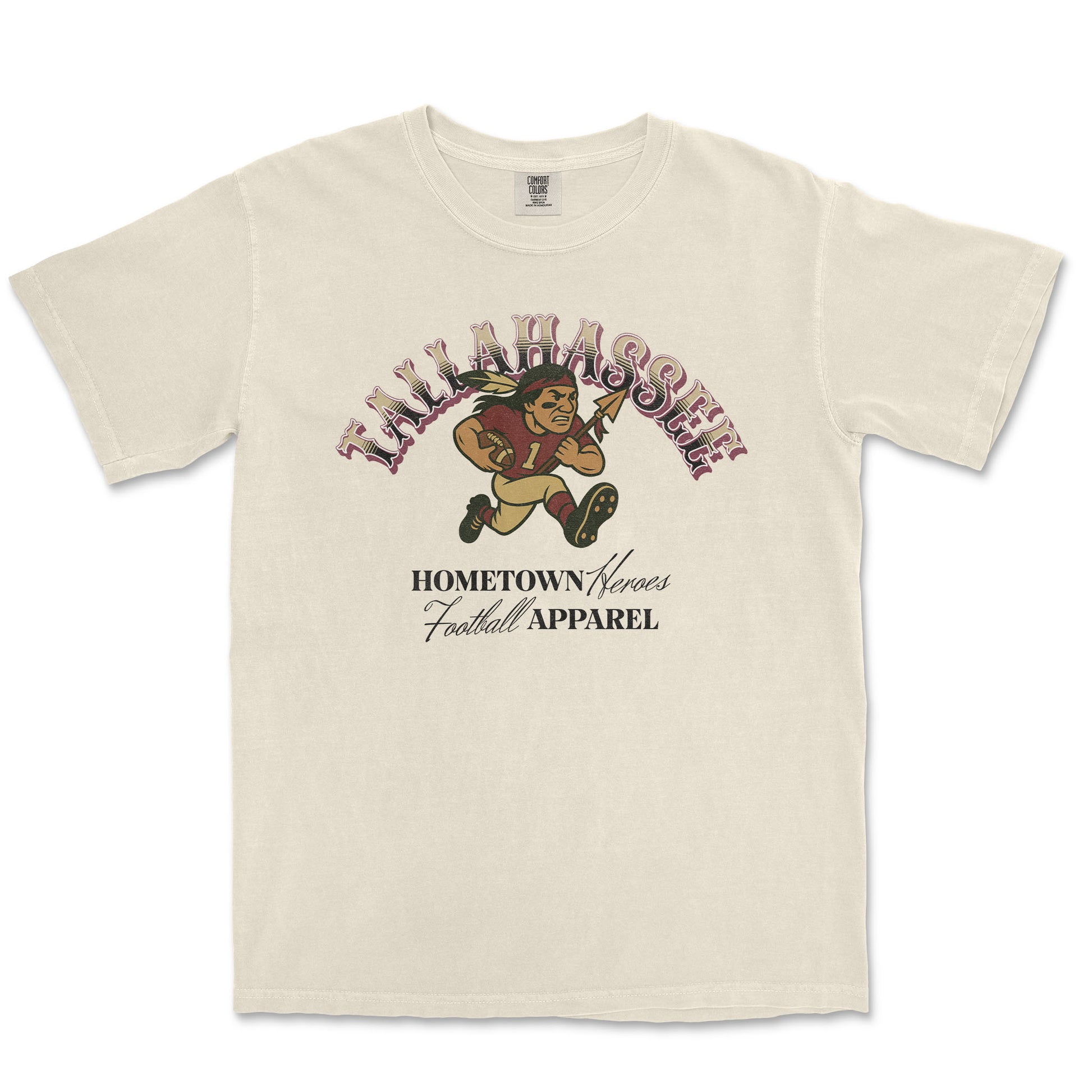 Beige t-shirt with football-themed graphic and text on a white background