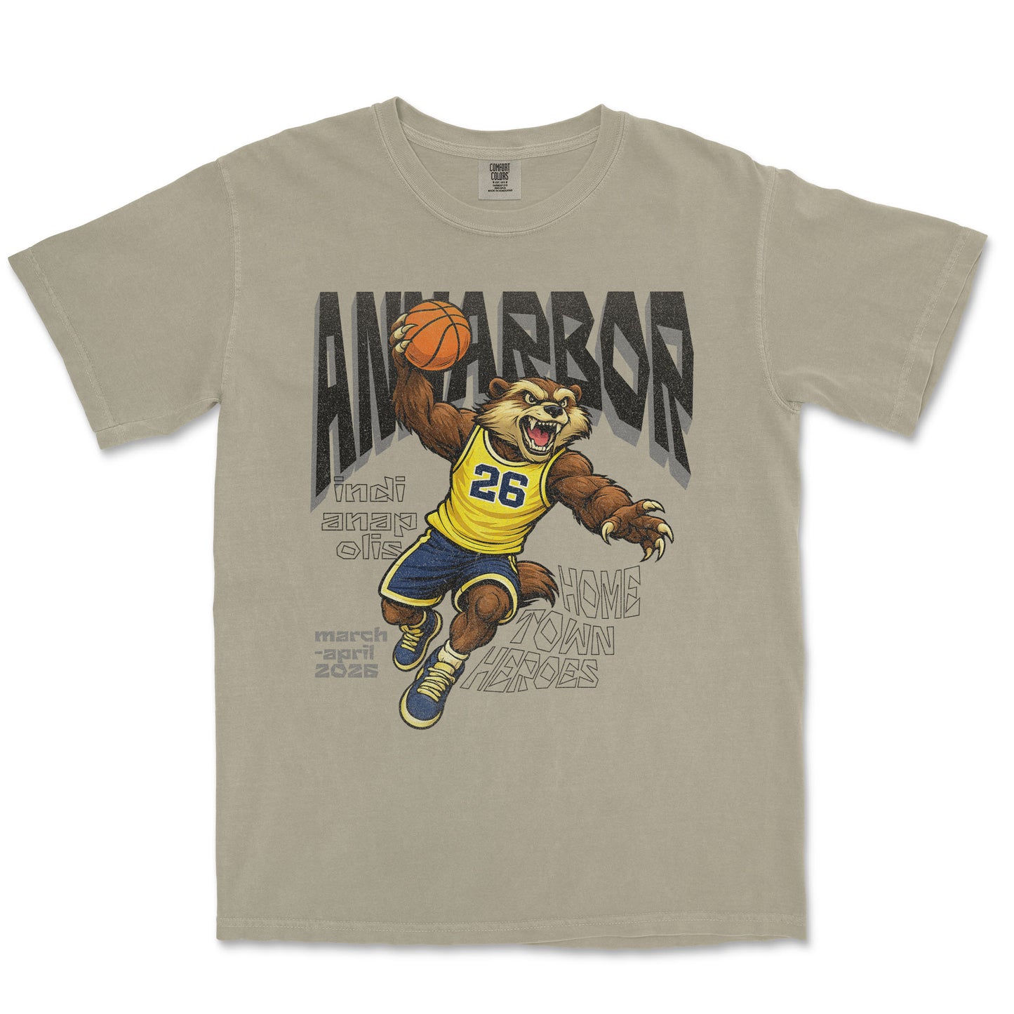 Beige t-shirt with a graphic of a bear holding a basketball and text on a white background