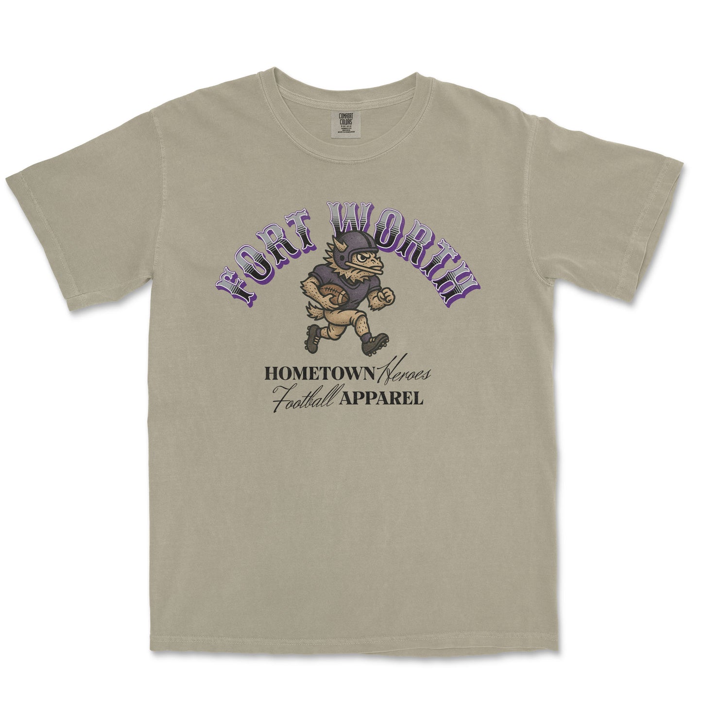 Beige t-shirt with graphic design and text on a white background