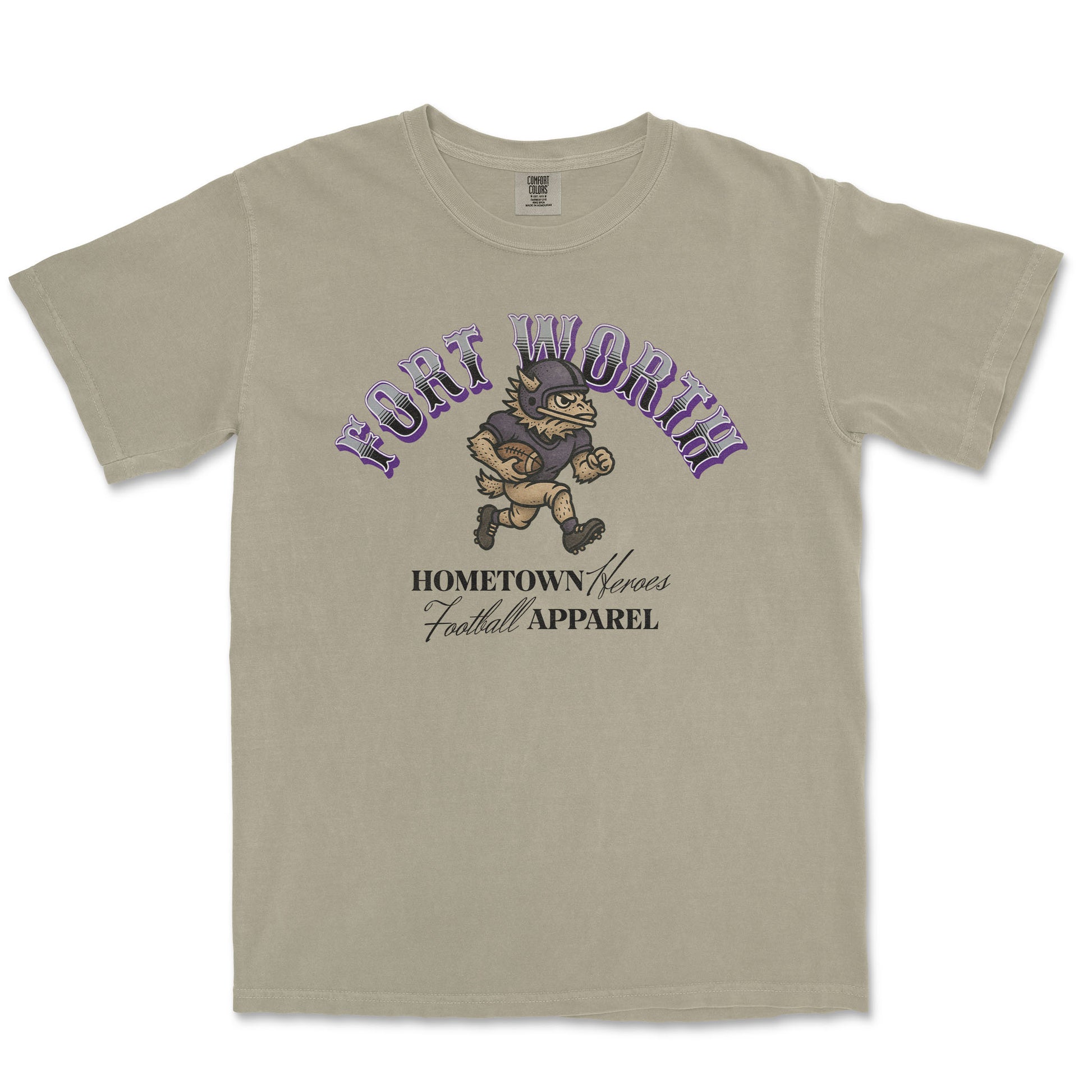 Beige t-shirt with graphic design and text on a white background