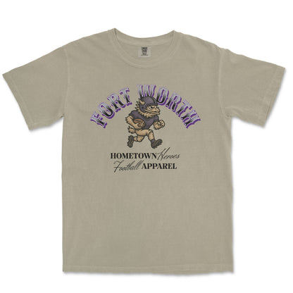 Beige t-shirt with graphic design and text on a white background