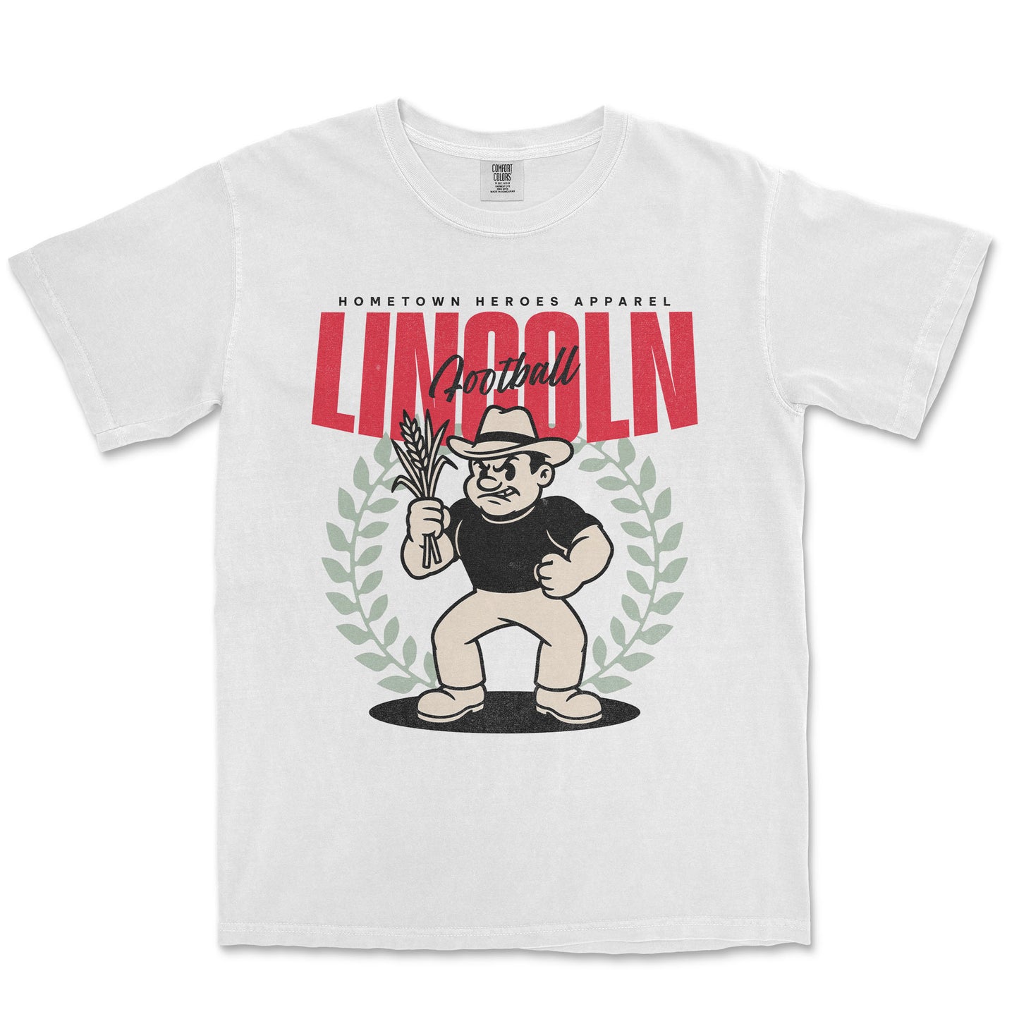 White t-shirt with a cartoon character and 'Lincoln' text on a white background