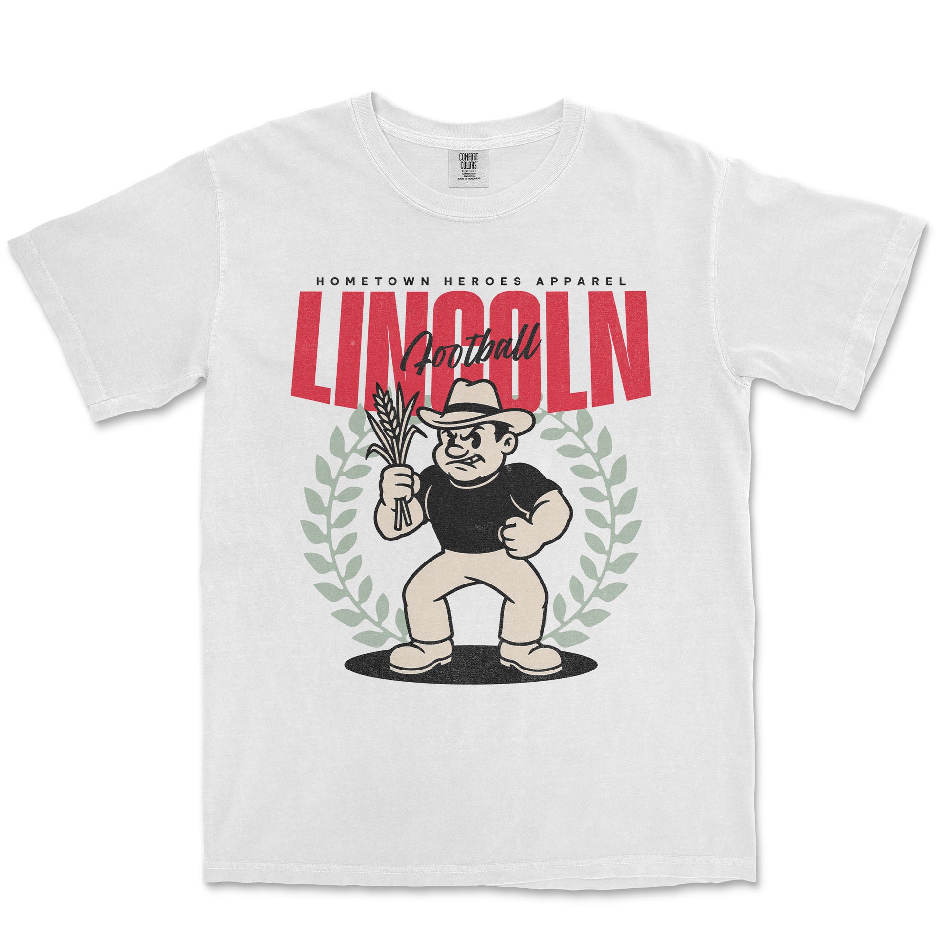 White t-shirt with a cartoon character and 'Lincoln' text on a white background