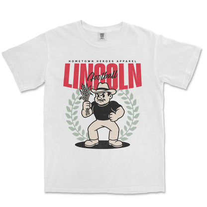 White t-shirt with a cartoon character and 'Lincoln' text on a white background