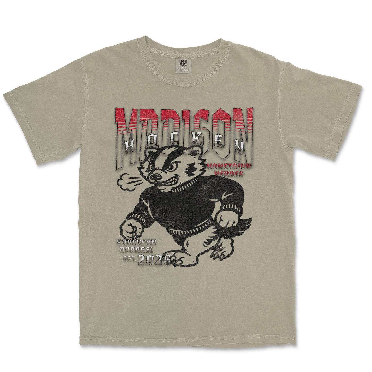 Beige t-shirt with graphic design of a bear and text on a white background