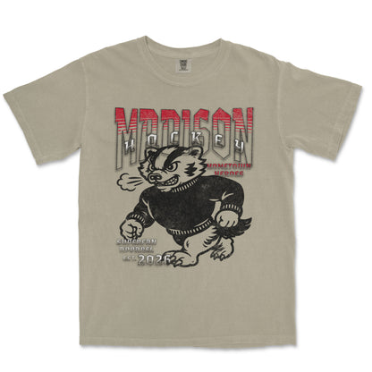 Beige t-shirt with graphic design of a bear and text on a white background
