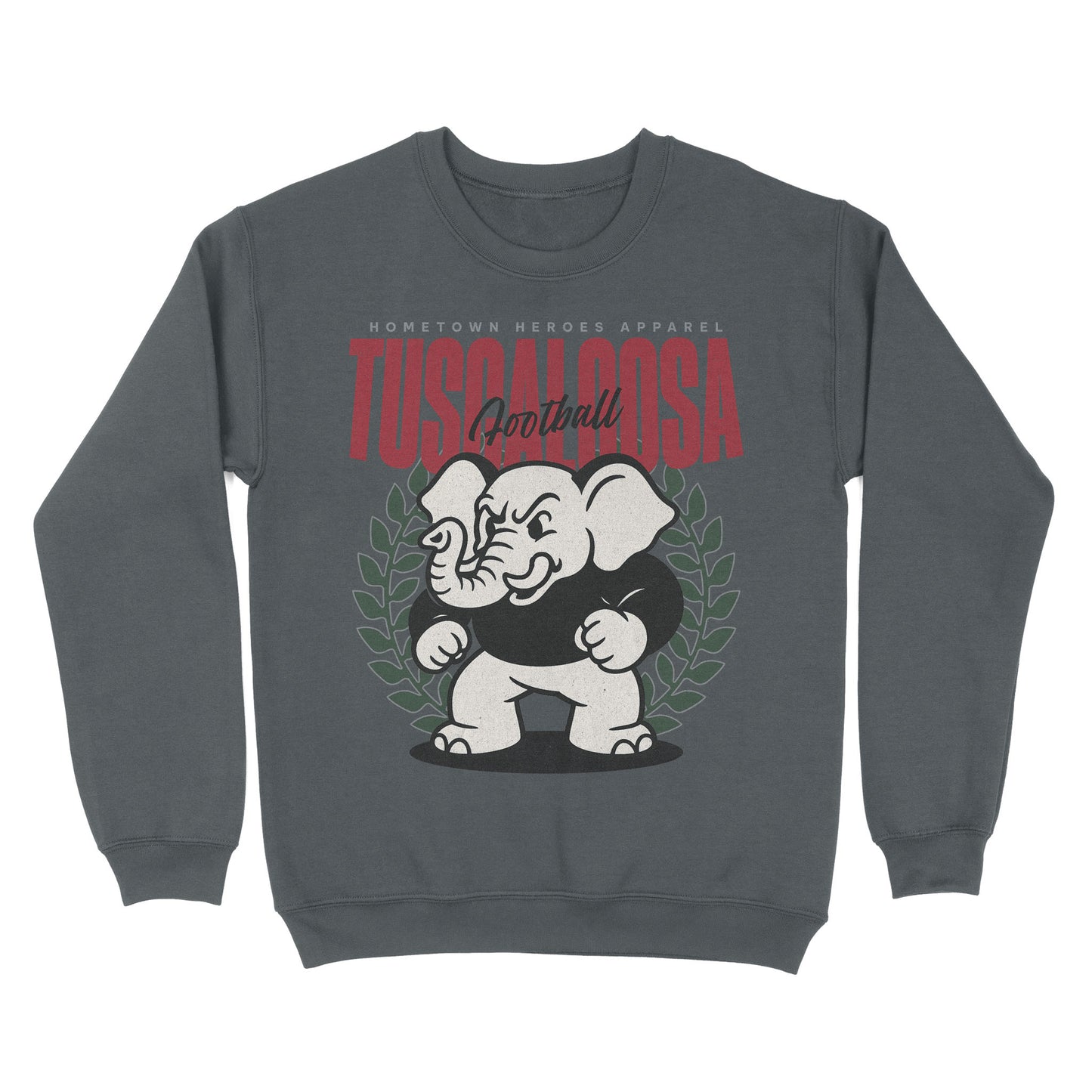 Gray sweatshirt with an elephant graphic and text on a white background