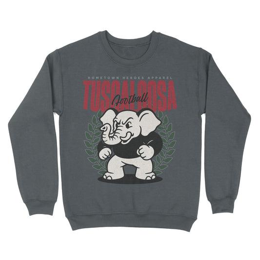Gray sweatshirt with an elephant graphic and text on a white background