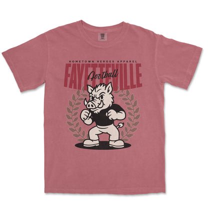 Red t-shirt with a graphic of a piglet and text on a white background