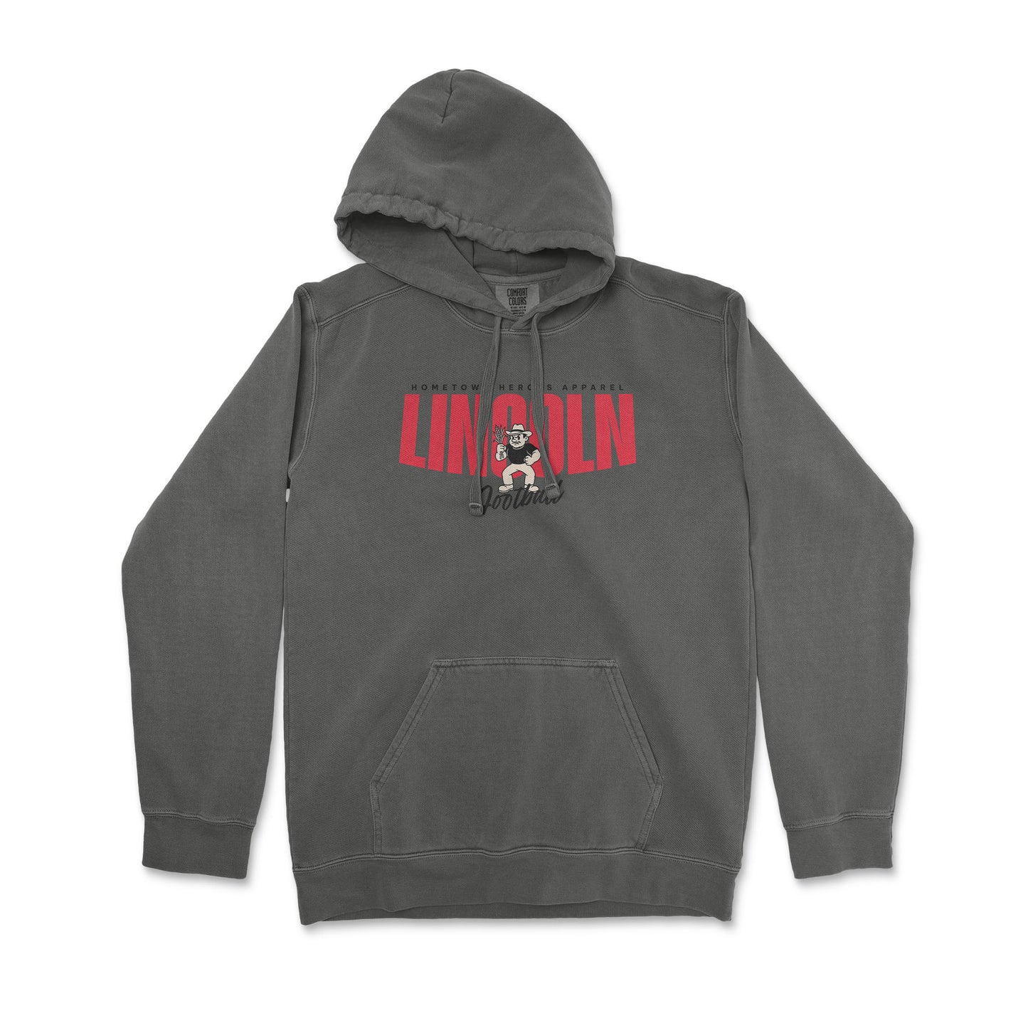 Gray hoodie with a red and black graphic on a white background