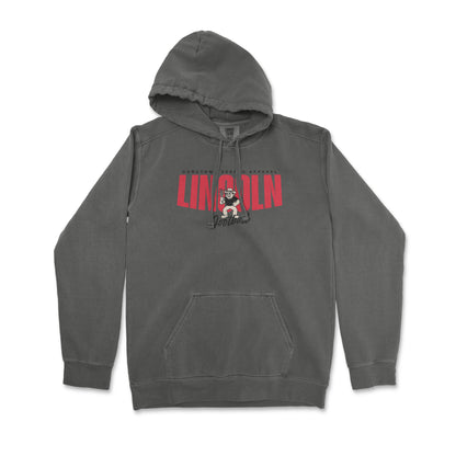 Gray hoodie with a red and black graphic on a white background