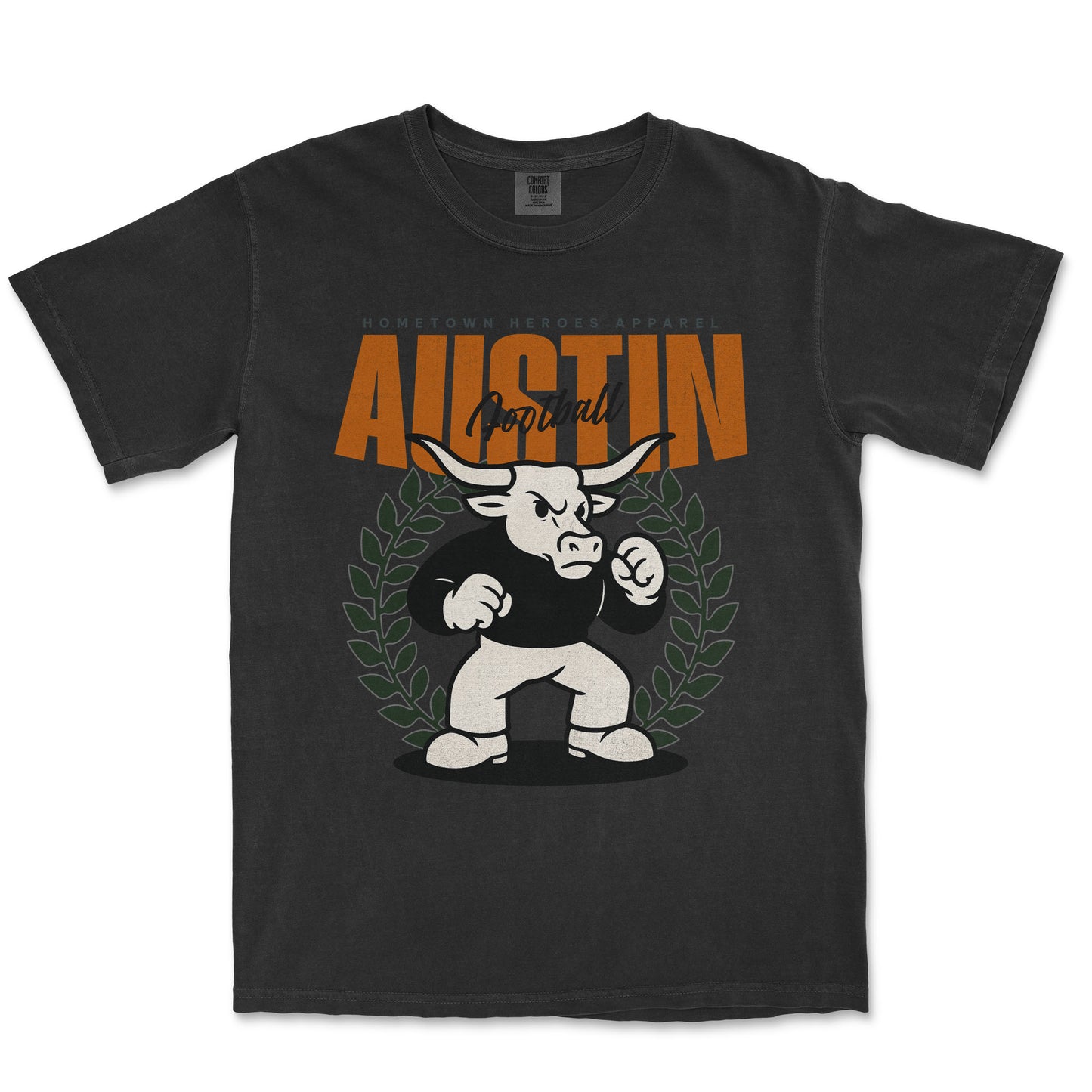 Black t-shirt with a graphic of a bull and 'AUSTIN' text on a white background