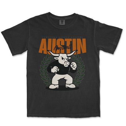 Black t-shirt with a graphic of a bull and 'AUSTIN' text on a white background