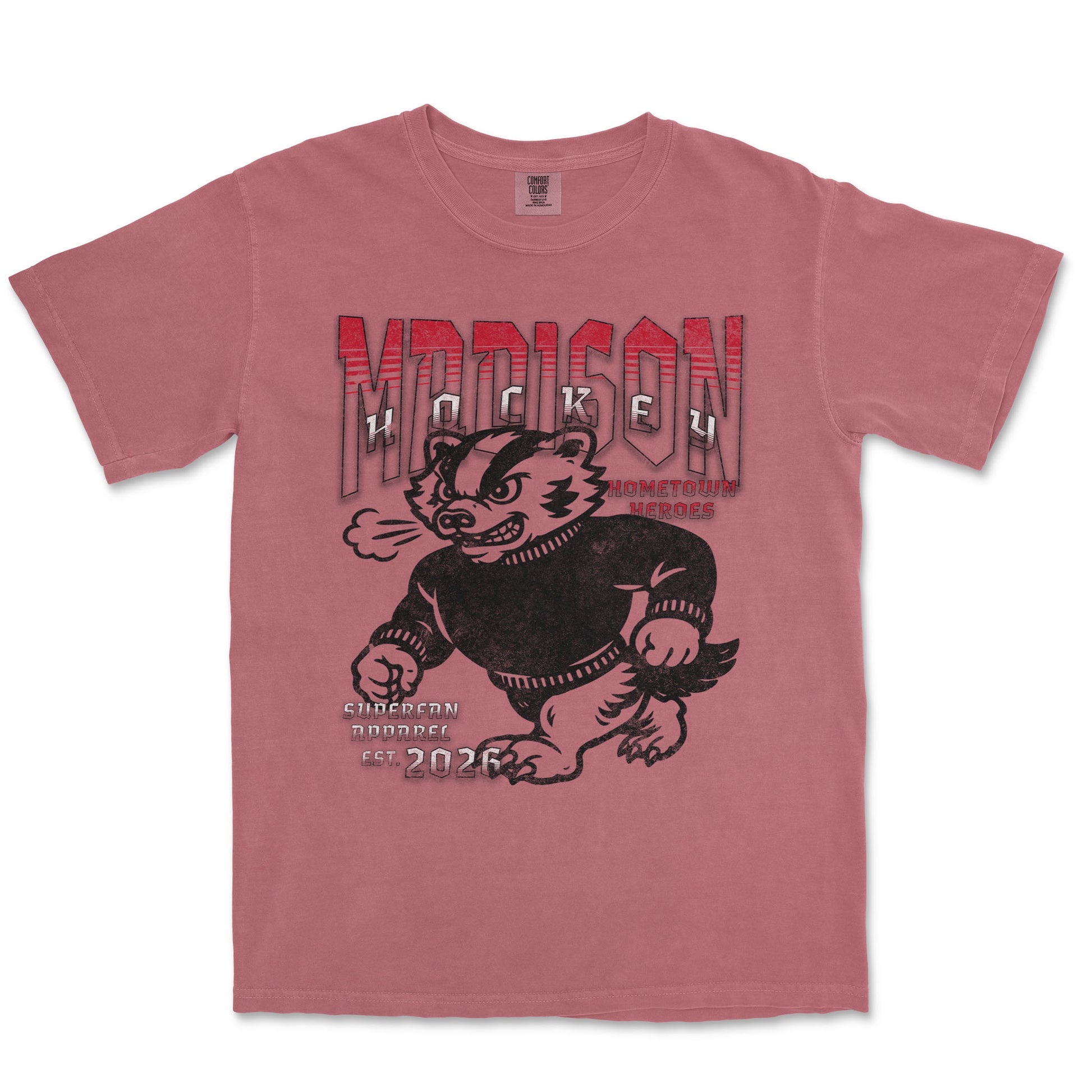 Red t-shirt with a graphic design of a bear and text on a white background