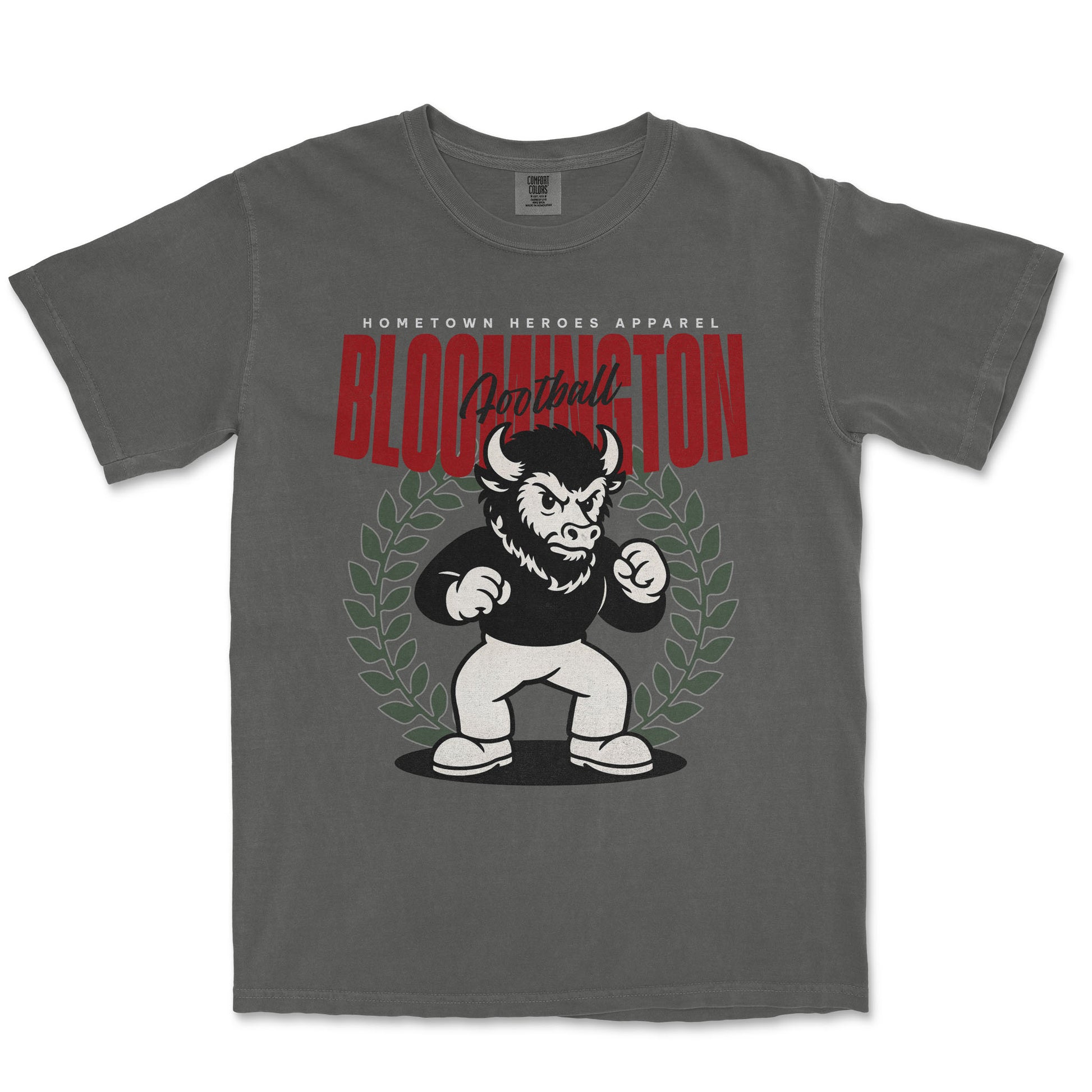 Gray t-shirt with a graphic of a bull and text on a white background