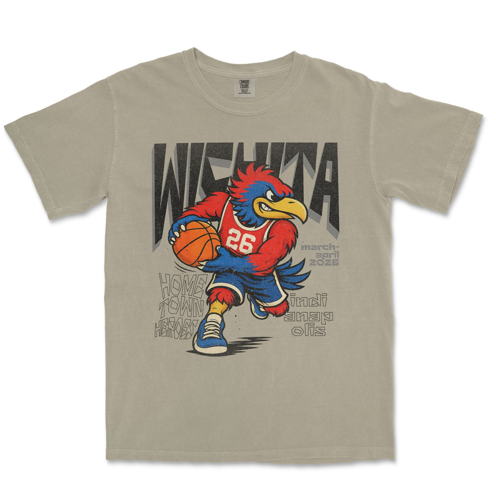 Beige t-shirt with a cartoon eagle holding a basketball and text on a white background