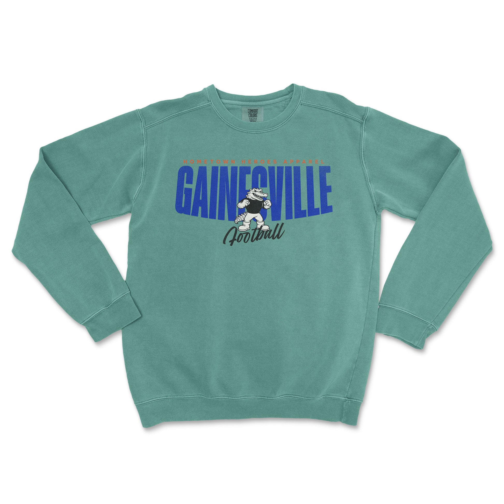 Green sweatshirt with 'Gainesville Football' text and logo on a white background