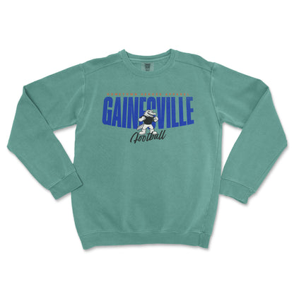 Green sweatshirt with 'Gainesville Football' text and logo on a white background