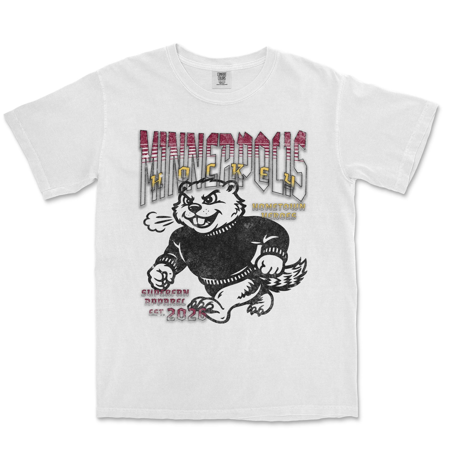 White t-shirt with a graphic of a bear mascot and text on a white background