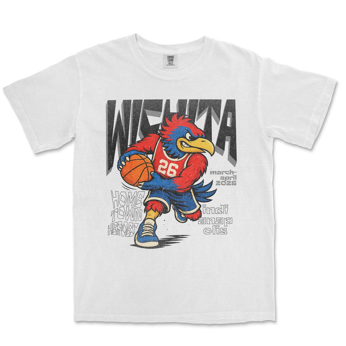 White t-shirt with a cartoon mascot holding a basketball and text on a white background