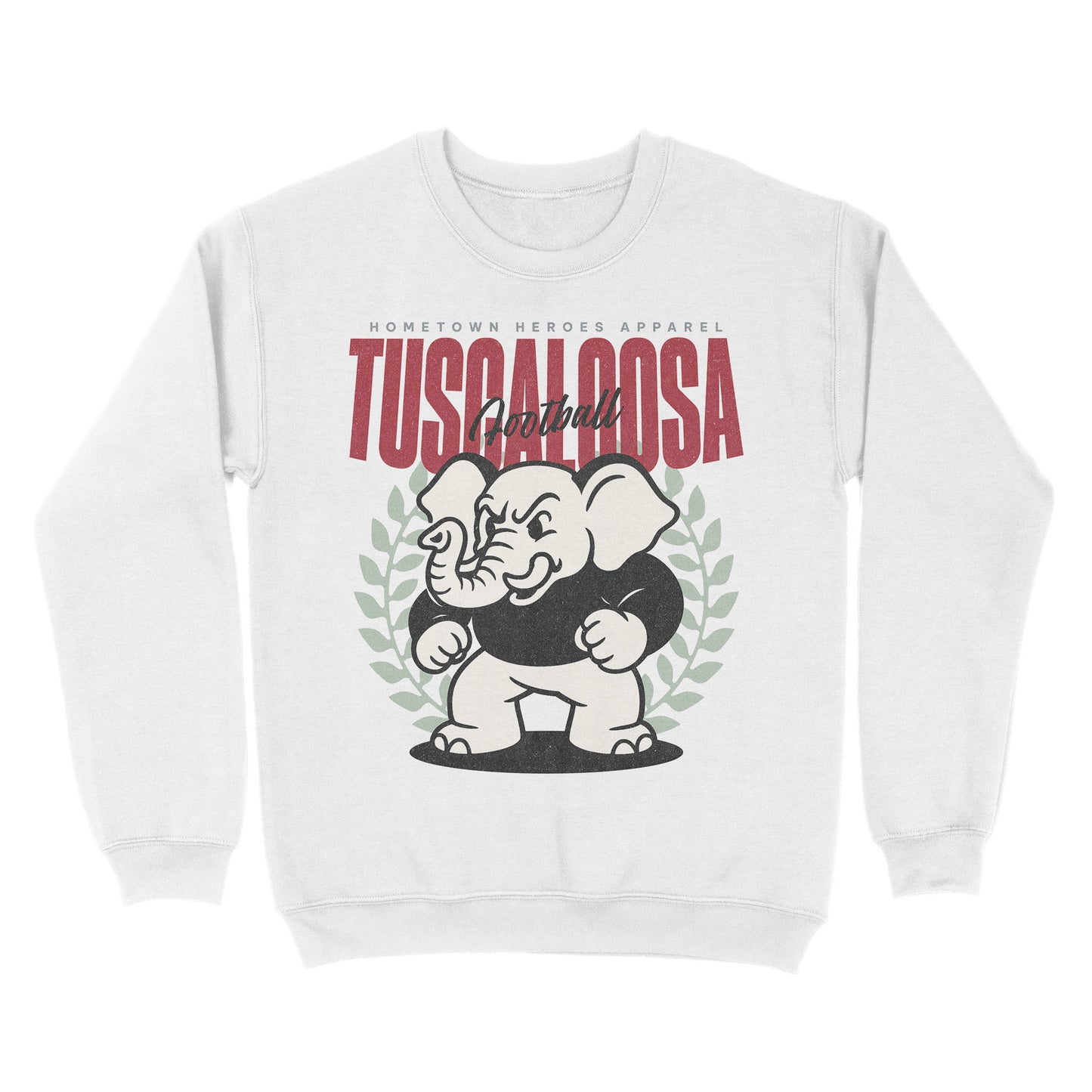 White sweatshirt with elephant graphic and 'Tuscaloosa' text on a white background