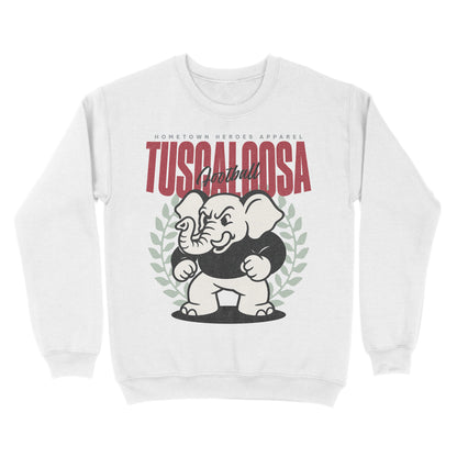 White sweatshirt with elephant graphic and 'Tuscaloosa' text on a white background