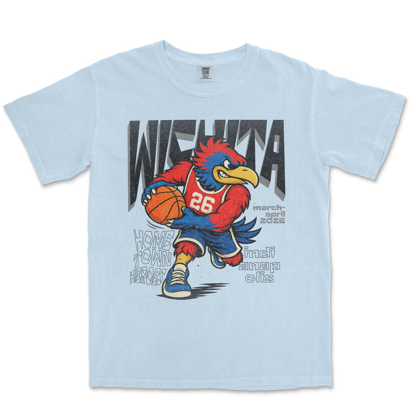 Light blue t-shirt with a cartoon mascot holding a basketball and text on a white background