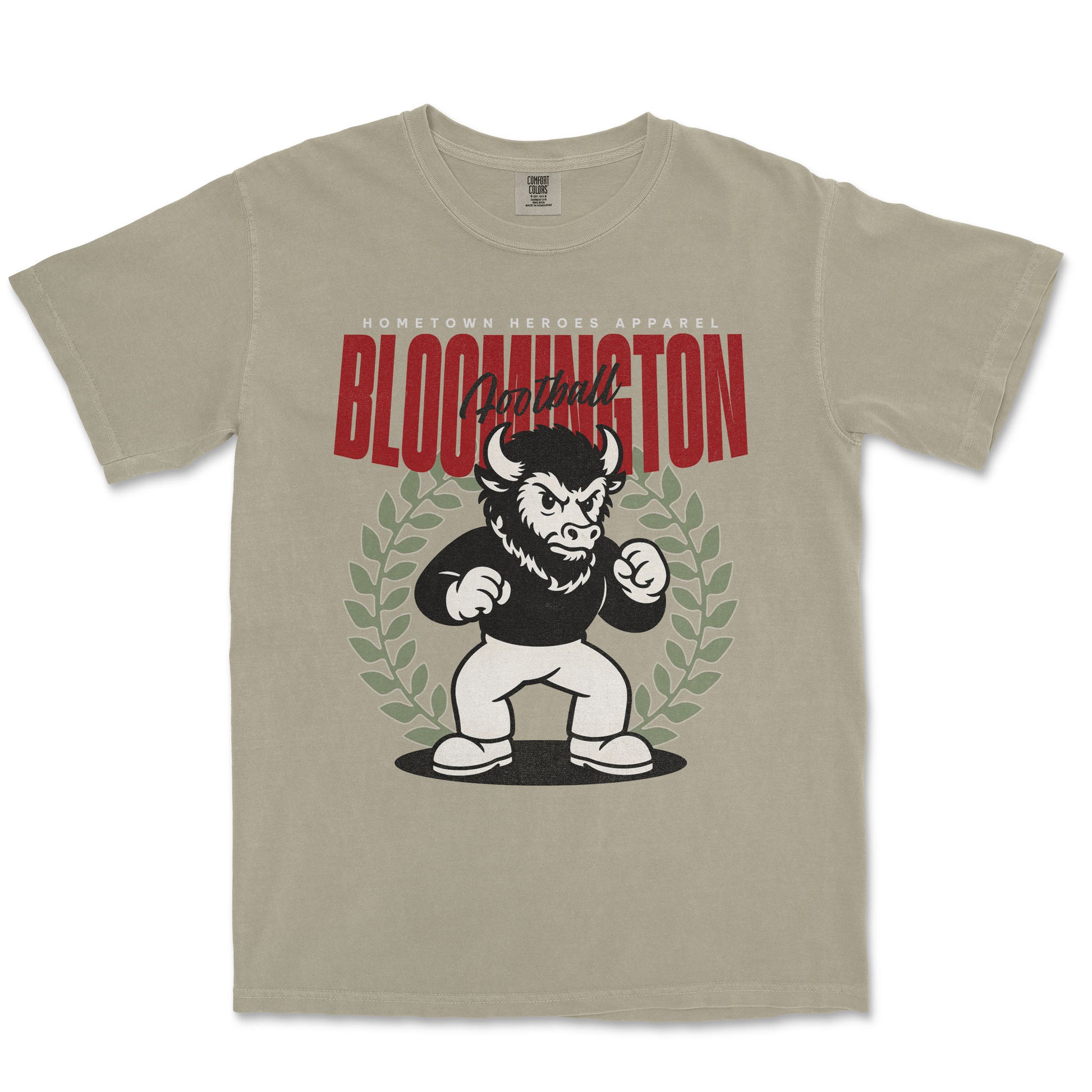 Beige t-shirt with a graphic of a bull and text 'Bloomington' on a white background